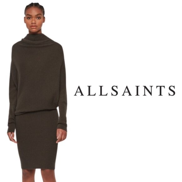 ALL SAINTS Ridley Dress Wool Cashmere Turtleneck - Dark Olive Green - Size Small - Picture 1 of 13